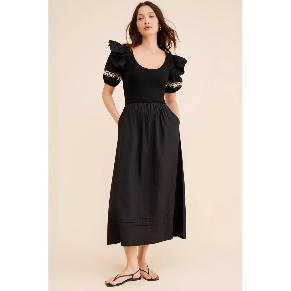 Cleobella Black Embroidered Puff‎ Sleeve Midi Dress Mixed Media Cotton S Pockets